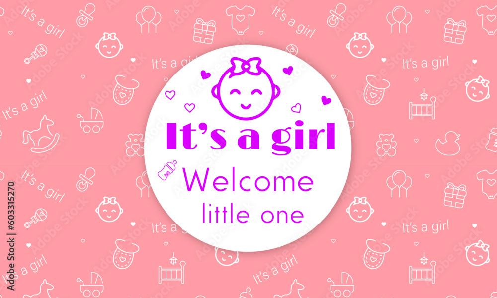 Baby Shower banner with cute icons for greeting cards, children's albums, children's boys, gender parties for  a girl. 