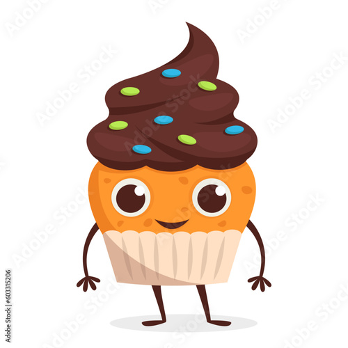 Cute dessert character Cupcake with cream. Vector graphic.