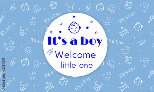 Baby Shower banner with cute icons for greeting cards, children's albums, children's boys, gender parties for a boy. 