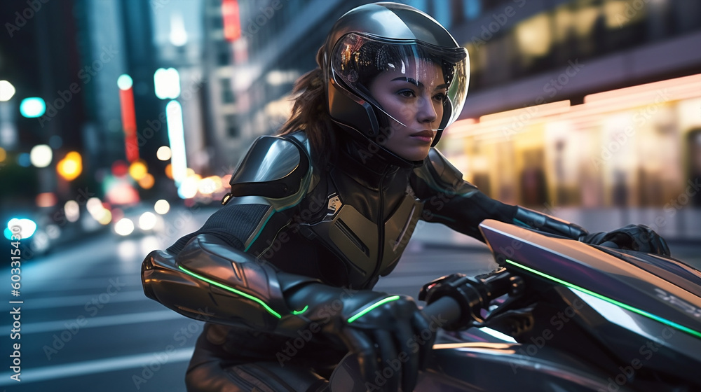 Generative ai biker woman with helmet riding a sci-fi motorcycle outdoors Generative ai biker woman with helmet riding a sci-fi motorcycle outdoors