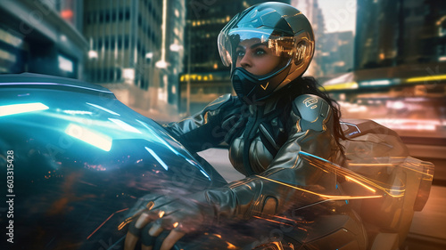 Generative ai biker woman with helmet riding a sci-fi motorcycle outdoors © Eugenio Marongiu