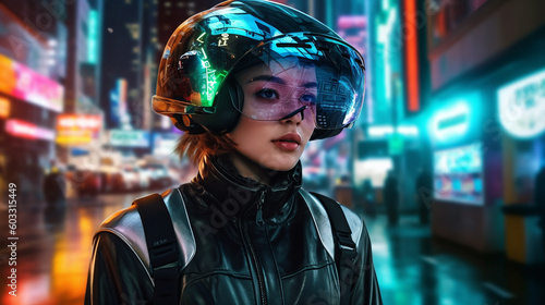 Generative ai biker woman with helmet riding a sci-fi motorcycle outdoors
