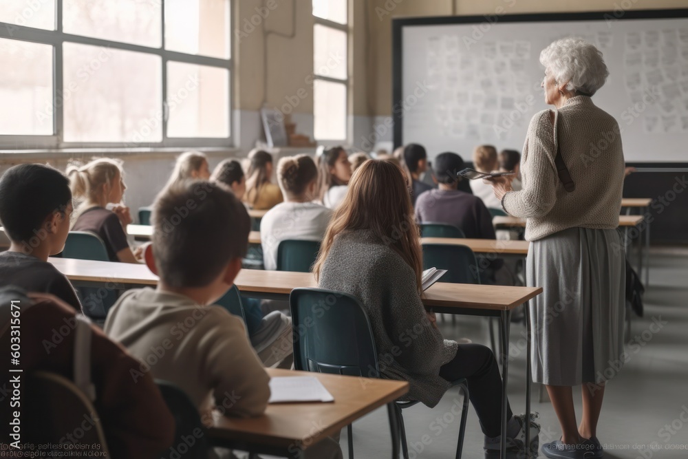 mature professor teacher standing in university class room teaching students, day light from windows mature professor teacher standing in university class room teaching students, day light from windows