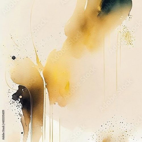 Abstract watercolor background, paper texture. Flowing liquid paint art. Yellow and green. Modern digital aquarel. Generative AI