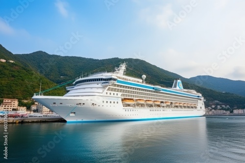 aerial drone photo cruise ship docked in tropical destination port. tropical cruise getaway