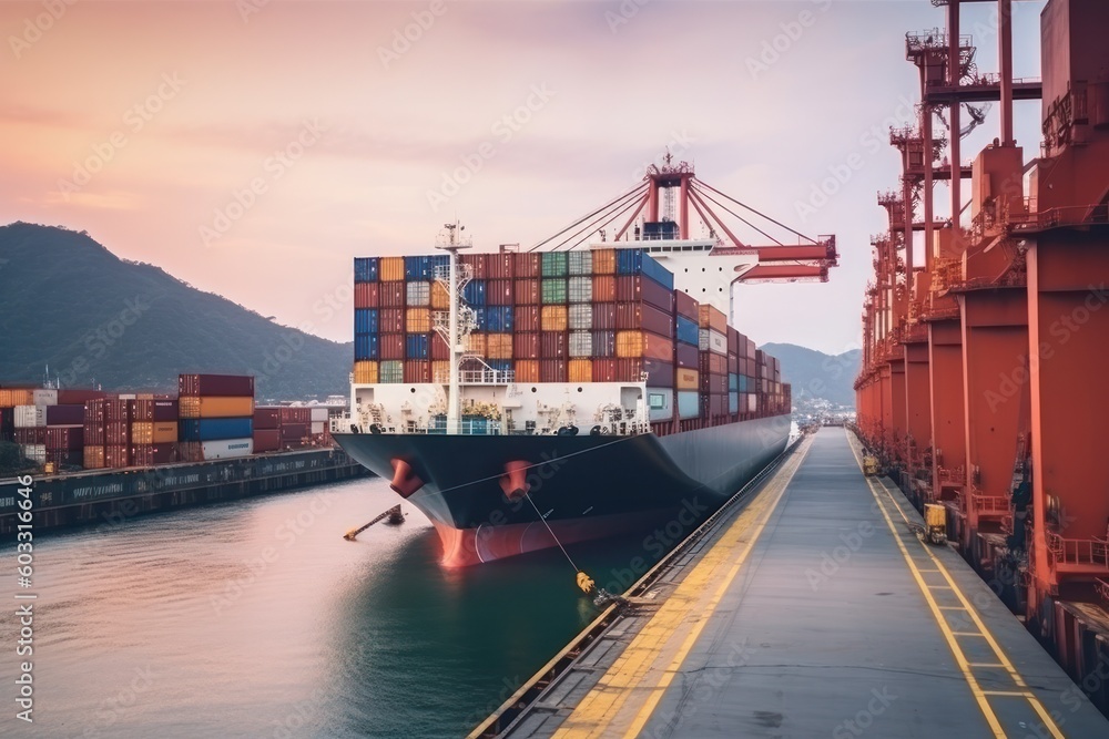 international terminal sea logistic port, crane loading cargo containers onto container cargo ship