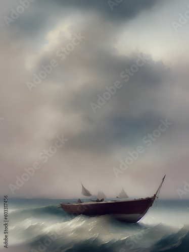 Fisherman boat, stormy sea landscape. AI generated illustration