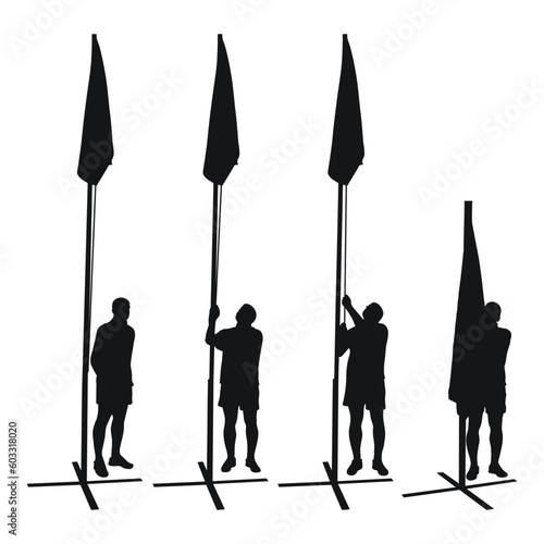 Set of black realness silhouettes of men with a flagpole. Isolated vector