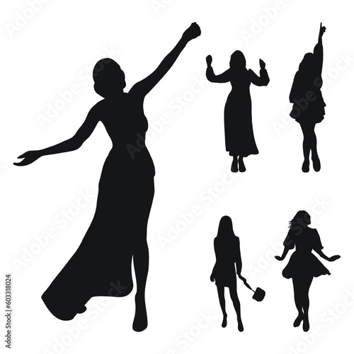 Vector silhouette of a business woman standing, fashion girl silhouette in a stylish dress. Standing, dressing, meeting, walking, posing, shopping, dance, showing