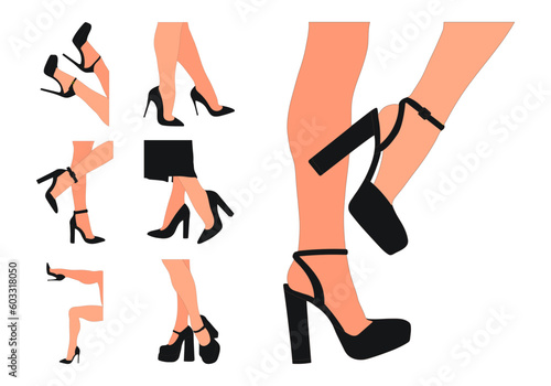 Slender, young female legs in a pose. Shoes stilettos, high heels. Walking, standing, running, jumping, dance. Women shoe model
