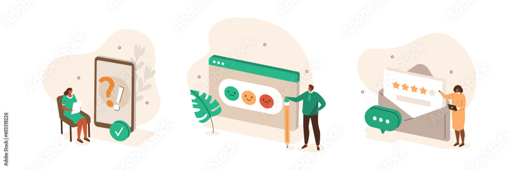 Feedback and review concept illustration set. Characters asking and giving positive five star evaluation and showing customer satisfaction on rating scale. Vector illustration. - obrazy, fototapety, plakaty 