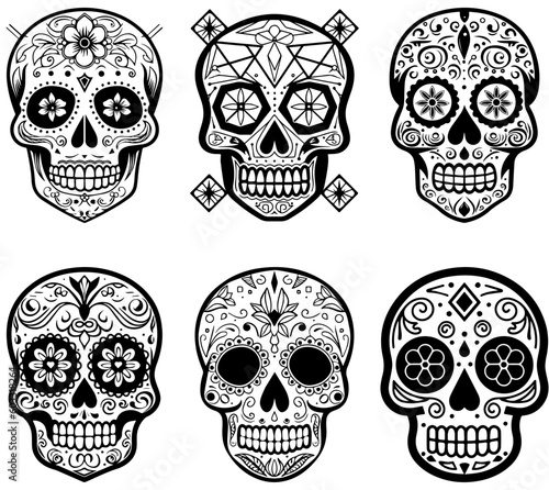 Hispanic heritage sugar skull marigold Festive dia de los muertos vector icon set