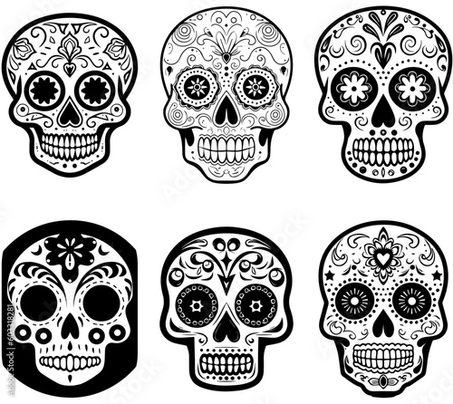 Hispanic heritage sugar skull marigold Festive dia de los muertos vector icon set