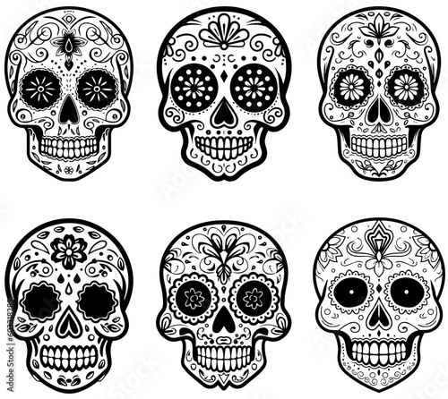 Hispanic heritage sugar skull marigold Festive dia de los muertos vector icon set