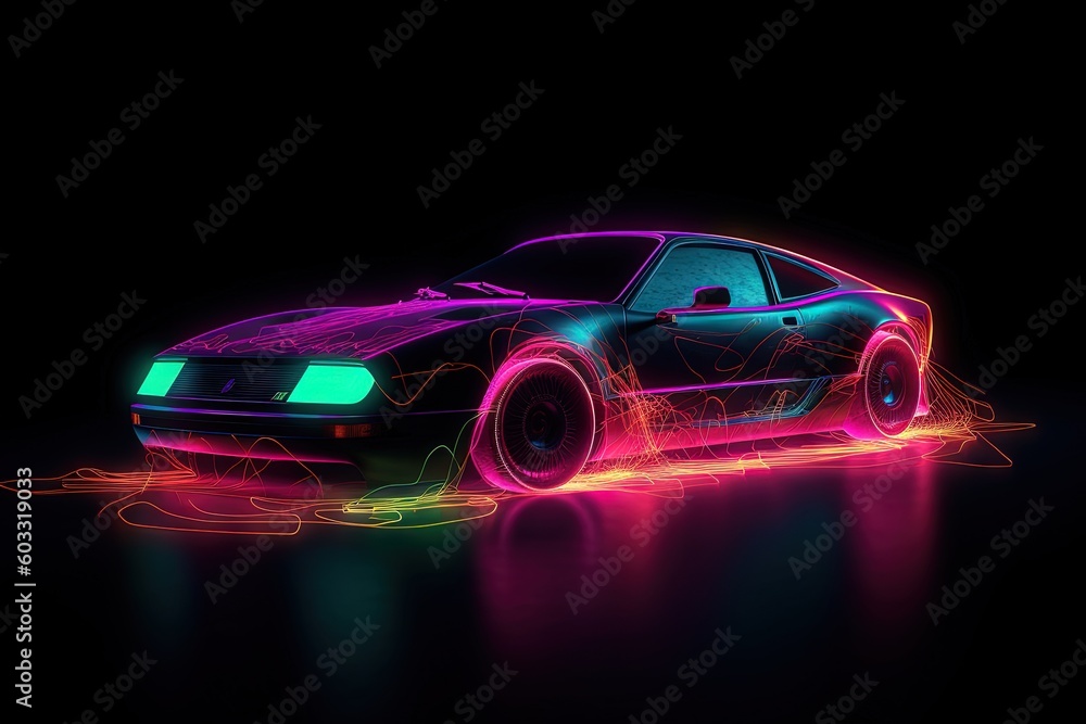 Futuristic retro car. Retro sport car with neon backlight contours. Generative ai Futuristic retro car. Retro sport car with neon backlight contours. Generative ai