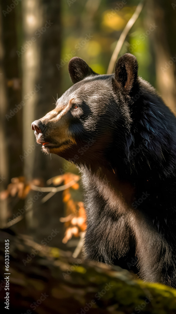 Obraz premium Black Bear in the Woods Close-up Shot AI-Generated