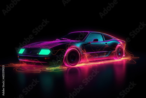 Futuristic retro car. Retro sport car with neon backlight contours. Generative ai © bigtown