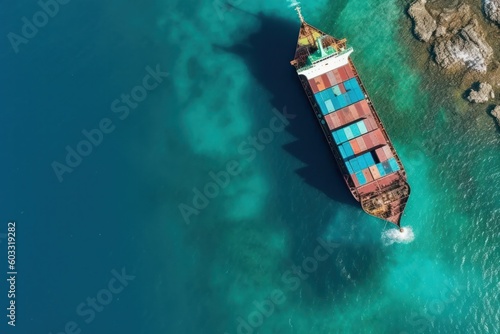 aerial perspective reveals container cargo ship sailing sea, international commerce, trade logistic