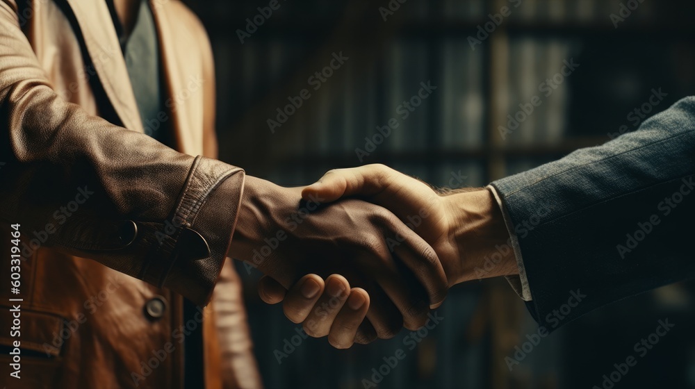 Businessman shakes hands with a person, the concept of business meeting and partnership. Generative AI Businessman shakes hands with a person, the concept of business meeting and partnership. Generative AI