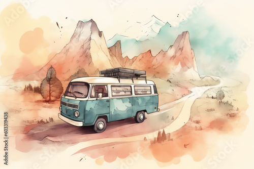 Watercolor camping concept art caravan travel lifestyle. Generative AI.