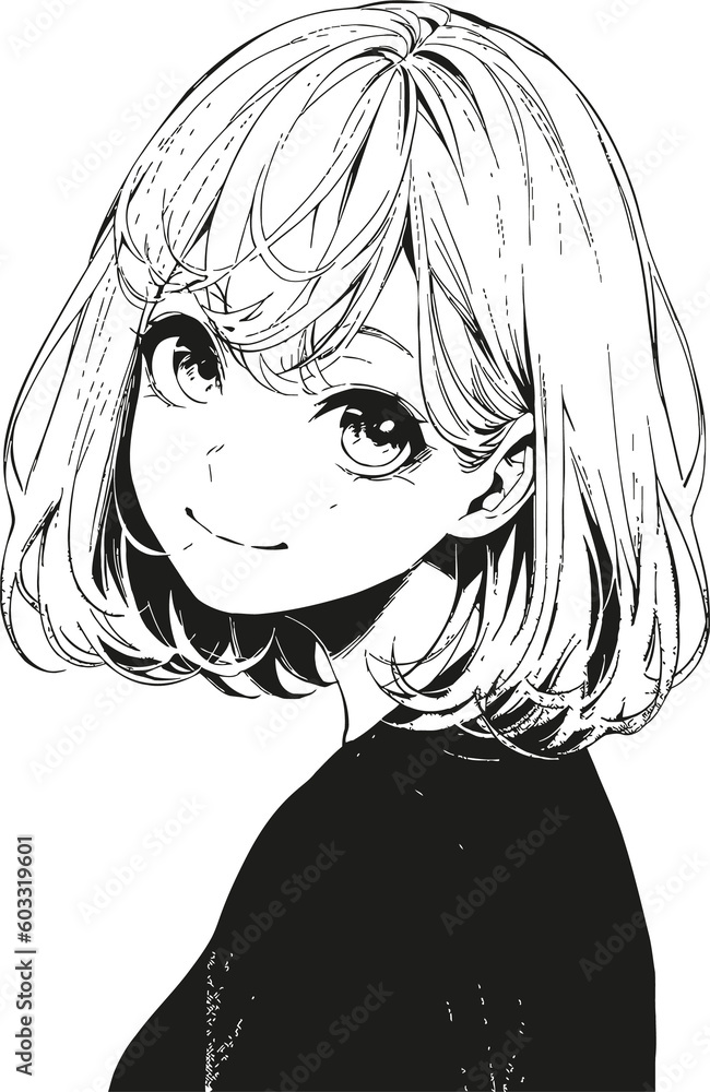 Black and white anime art with face girl in manga style.. Generative AI ...