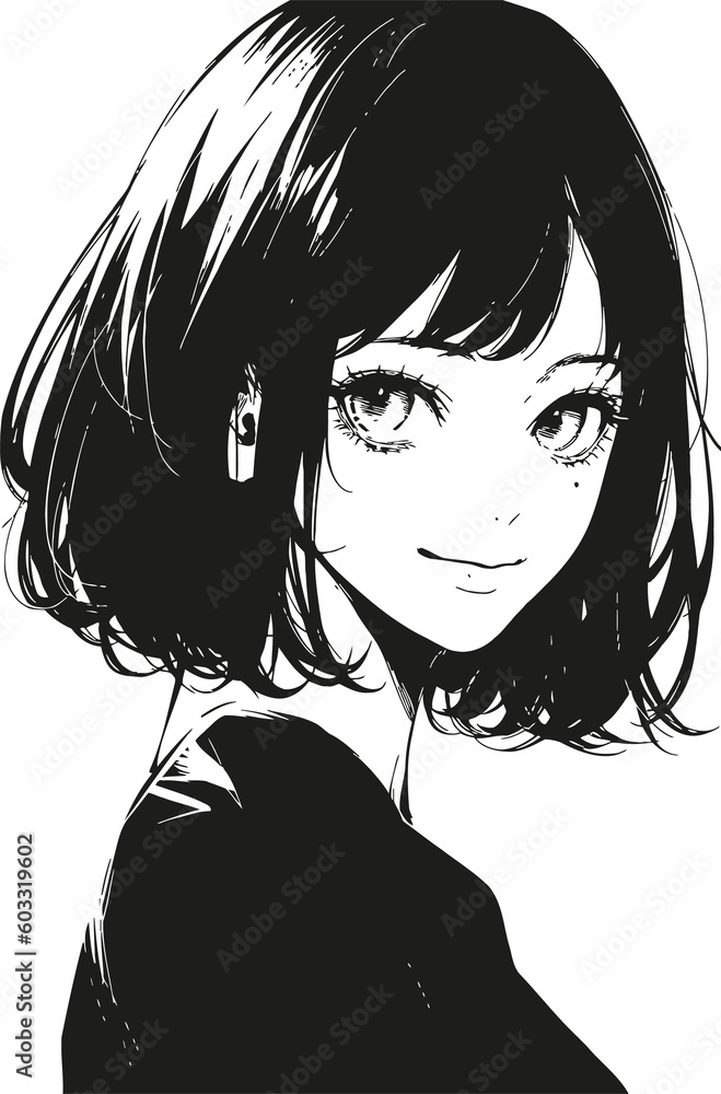 Black and white anime art with face girl in manga style.. Generative AI ...