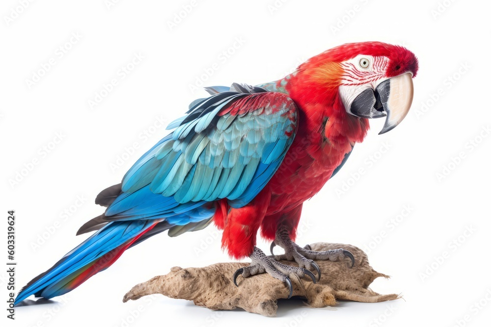 Vibrant Red and Blue Parrot on White Background