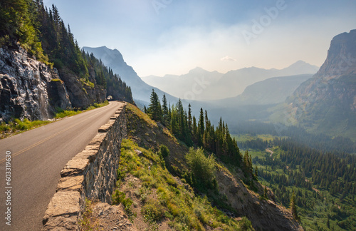 Forest Fire Haze at a Roadside Overlook Along Road to the Sun in Glacier National Park, Montana photo