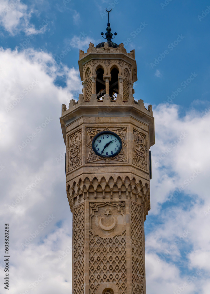 Close view of old clock tower (Saat Kulesi in Turkish), Izmir, Turkey