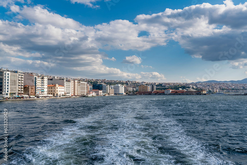 Izmir, Turkey - April 28 2023: View on Izmir downtown from Izmir's bay