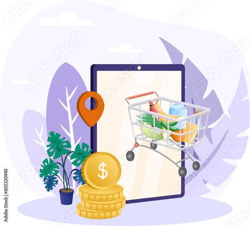 E-commerce illustration. Coin, cart, product, screen, plant. Editable vector graphic design.