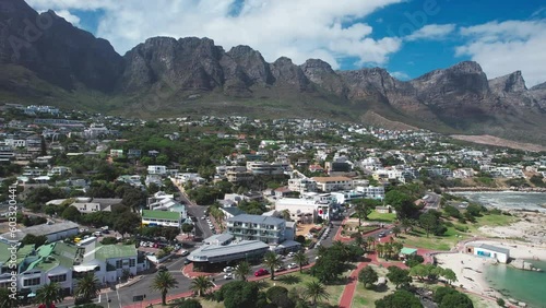 Vertical Drone shot of Cape Town, South Africa City from Camps Bay Beach