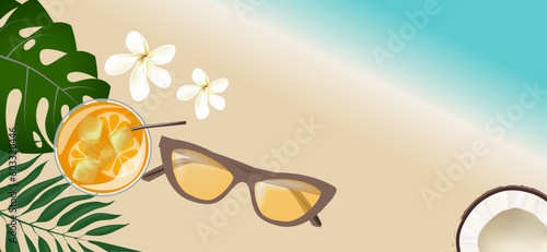 vector postcard with tropical beach. glasses and a cocktail lie on the golden sand