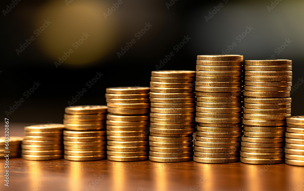 Money (gold coin) stack with green natural blurred background - Business growing, investing and saving money concept Money (gold coin) stack with green natural blurred background - Business growing, investing and saving money concept