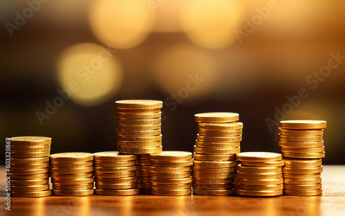 Money (gold coin) stack with green natural blurred background - Business growing, investing and saving money concept