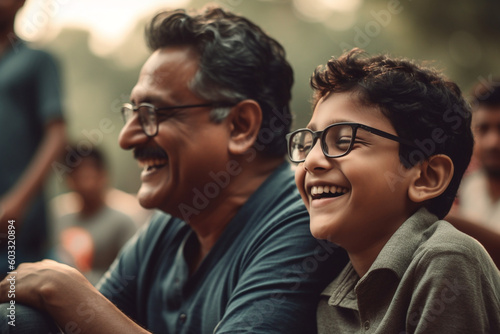 A candid shot of a father and son laughing together, Father's day, bokeh Generative AI © Катерина Євтехова