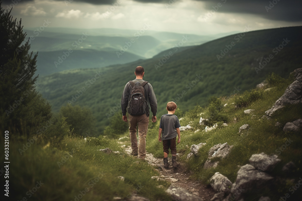 A father and son hiking in the mountains, Father's day, bokeh Generative AI