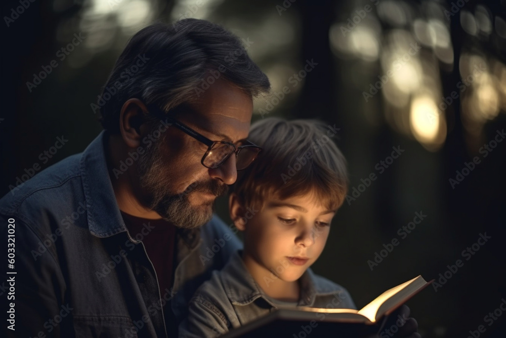 A father and son reading a book together, Father's day, bokeh Generative AI A father and son reading a book together, Father's day, bokeh Generative AI