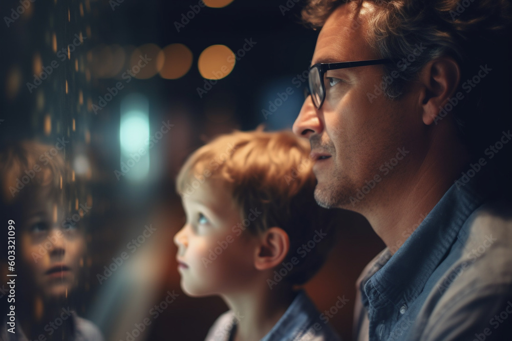 A father and son exploring a museum together, Father's day, bokeh Generative AI - obrazy, fototapety, plakaty 