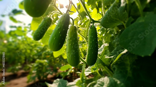 Fresh from the garden: green cucumber plants with drops of morning dew, AI generated