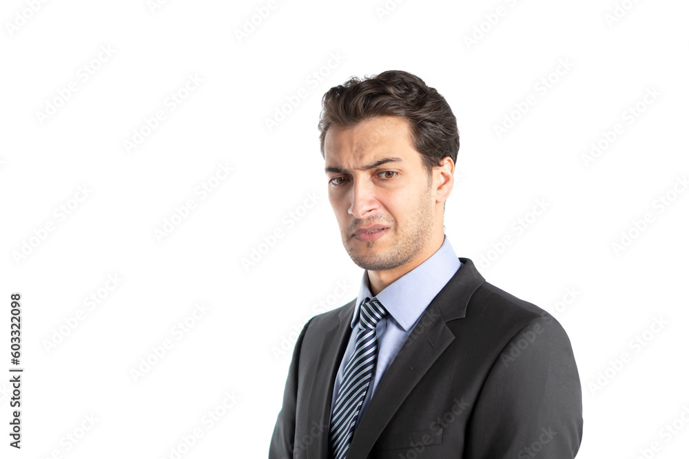 Arrogant businessman demonstrating irritation and haughtiness with hand gesture and face expression isolated on white background Arrogant businessman demonstrating irritation and haughtiness with hand gesture and face expression isolated on white background