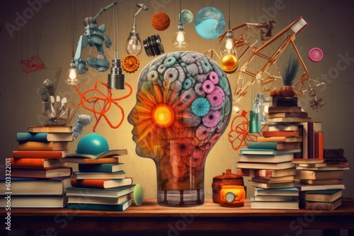 A colorful collage with books and a brain inside the lightbulb photo
