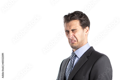 Photography Arrogant businessman demonstrating irritation and haughtiness with hand gesture