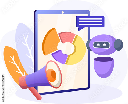 Marketing automation illustration. Loudspeaker, robot, segment, message. Editable vector graphic design.