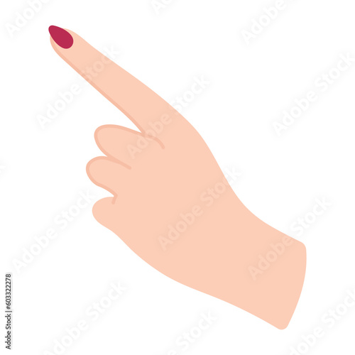 Female hand with extended index finger. Non-verbal language. Arm of a white woman. Scold someone with a gesture. Waving a finger. Delicate minimalist illustration in flat style. Hand pose.