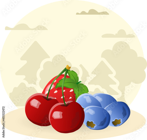 Berry illustration. Cherry, strawberry, blueberry, leaf. Editable vector graphic design.