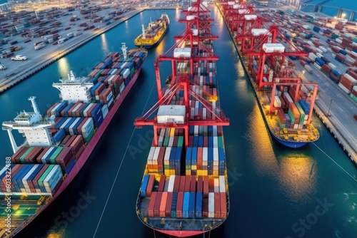 aerial view shipping container port terminal, logistics, global import export trade transportation
