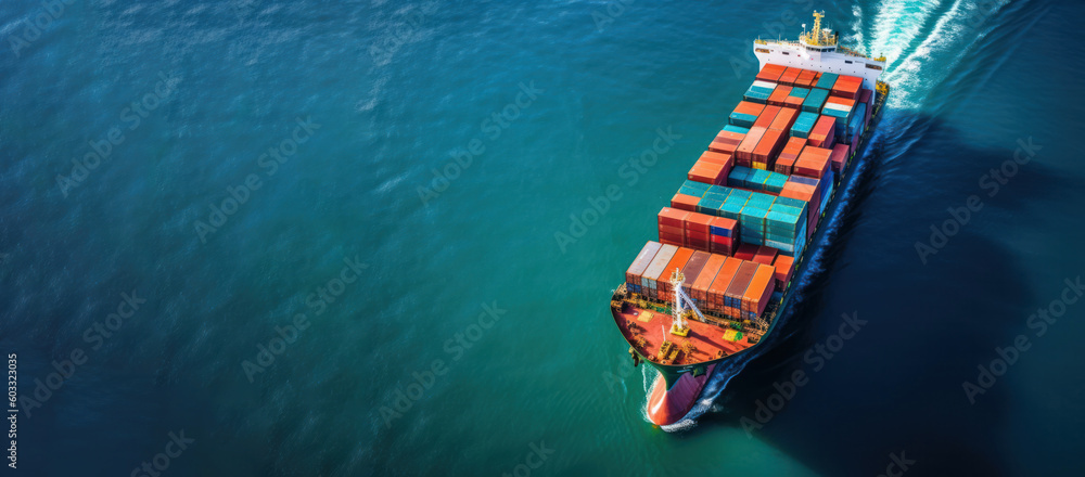 aerial view cargo ship, carry containers across open sea, banner for logistics and transportation