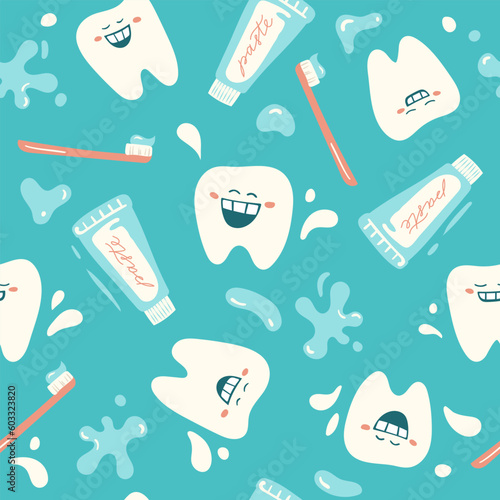 Teeth seamless pattern with toothpase and toothbrush.