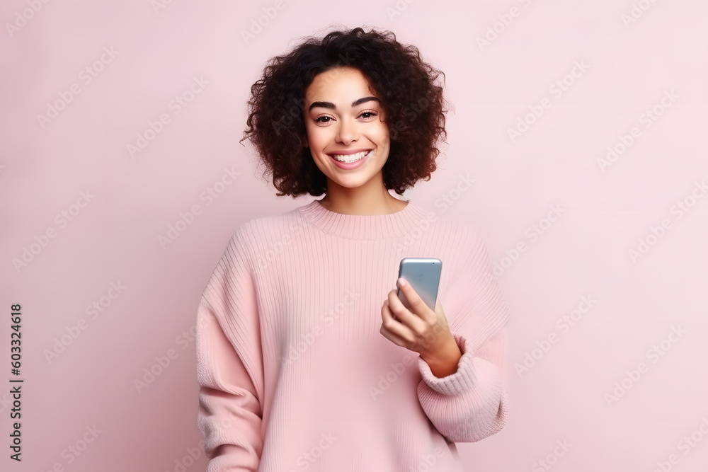 african woman with pink sweater isolated on pink background texting on mobile phone african woman with pink sweater isolated on pink background texting on mobile phone